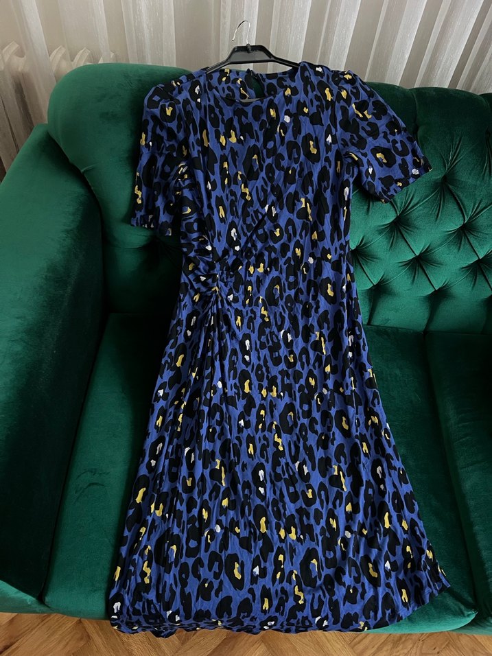 Canlı Saks Mavisi Leopar Desenli Kruvaze Detaylı Midi Elbise - Görsel 3