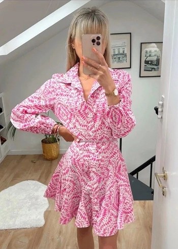 Zara Pembe Etnik Desenli Mini Gömlek Elbise - M Beden - Görsel 2