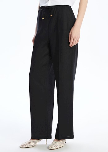 LCW Vision %100 Keten Beli Lastikli Siyah Pantolon - SIFIR - Görsel 2