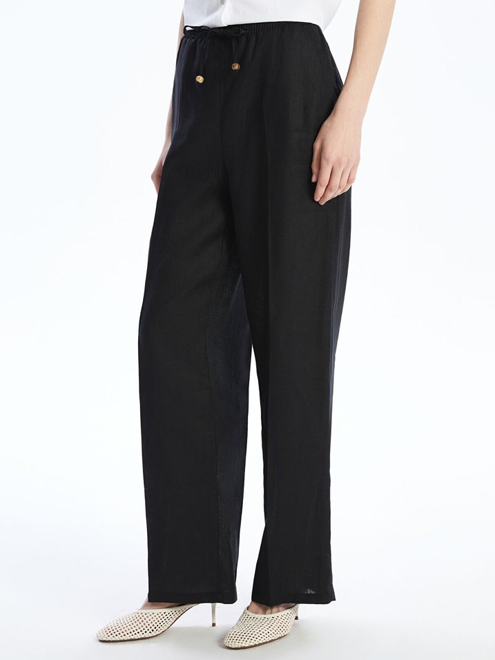 LCW Vision %100 Keten Beli Lastikli Siyah Pantolon - SIFIR - Görsel 2