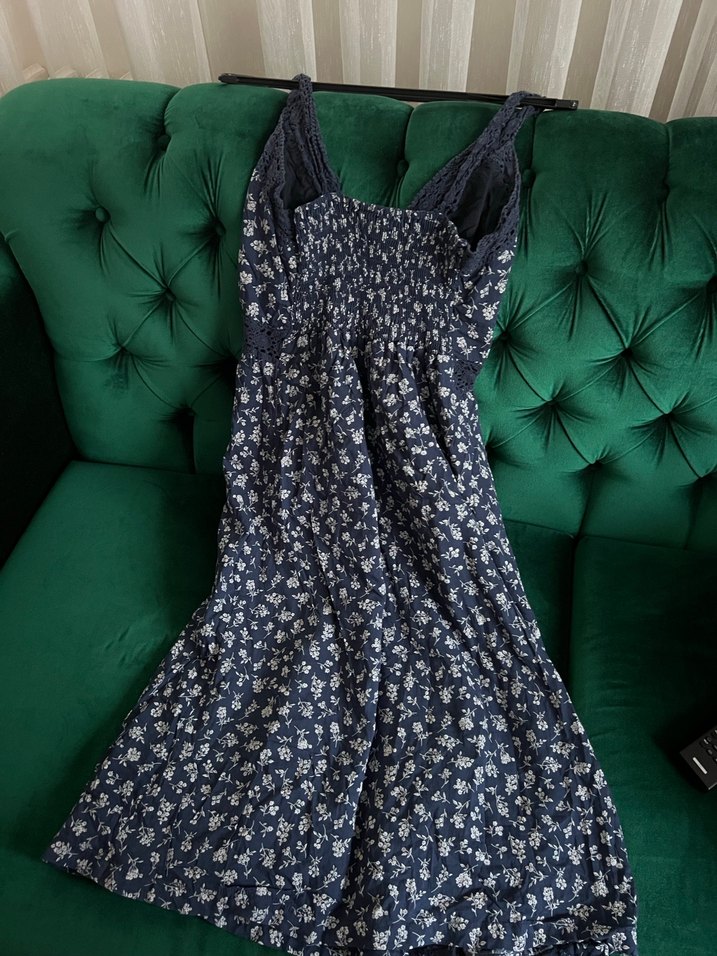  Lacivert Çiçekli & Dantel Detaylı Askılı Elbise - Görsel 2