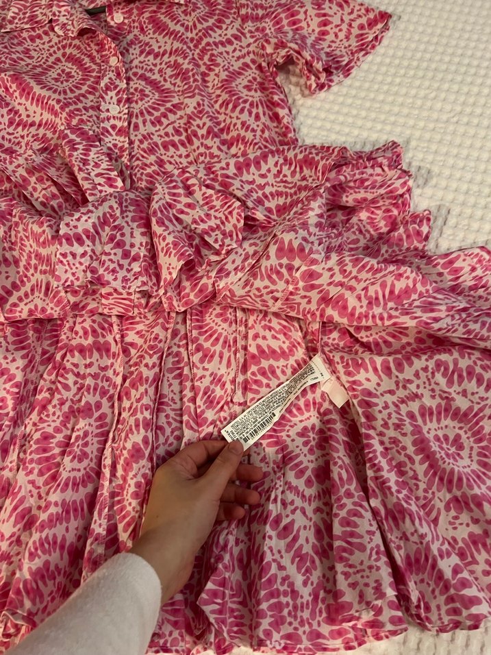  Zara Pembe Etnik Desenli Kuşaklı Mini Elbise - Görsel 4