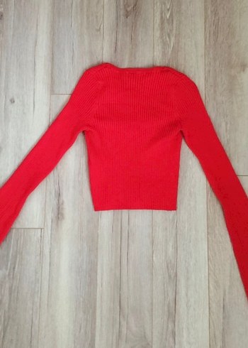 Bershka Kırmızı V Yaka Uzun Kollu Crop Top - Görsel 3