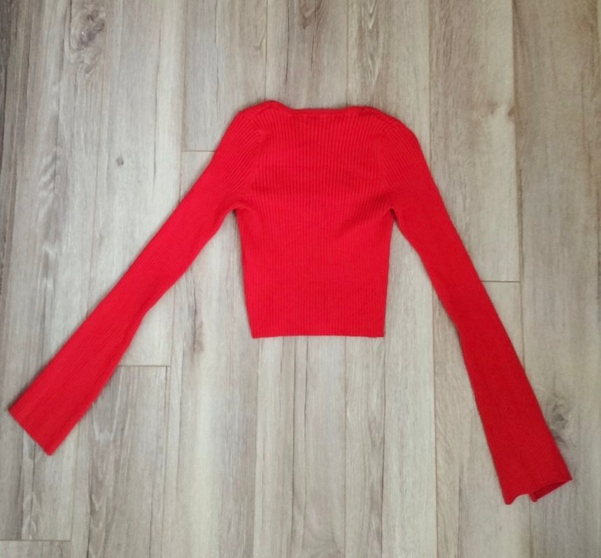 Bershka Kırmızı V Yaka Uzun Kollu Crop Top - Görsel 3