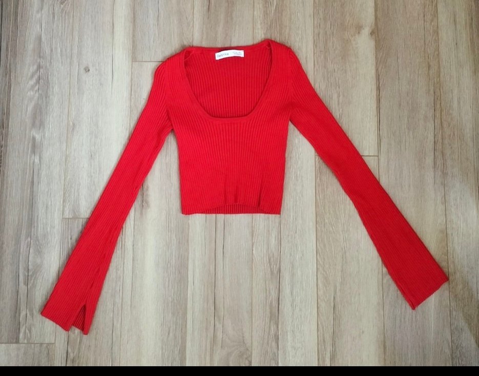 Bershka Kırmızı V Yaka Uzun Kollu Crop Top - Görsel 2