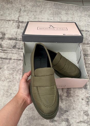 38 Beden Kadın Haki Platform Topuklu Loafer Ayakkabı