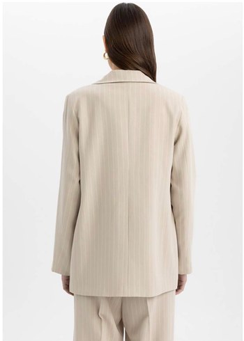Bej Çizgili Kadın Keten Blazer Ceket - Görsel 2