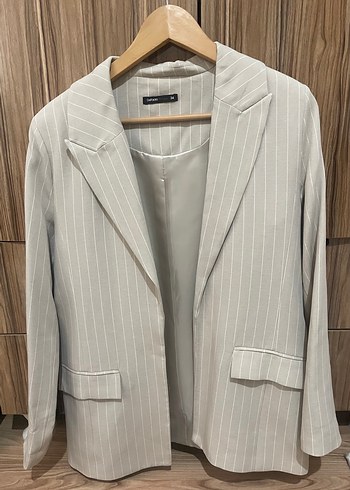 Bej Çizgili Kadın Keten Blazer Ceket - Görsel 3