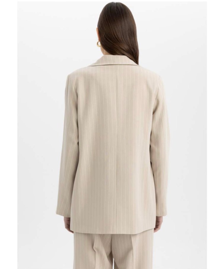Bej Çizgili Kadın Keten Blazer Ceket - Görsel 2