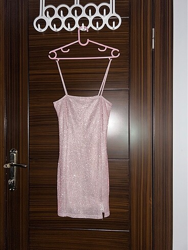 H&M simli pudra pembesi mini elbise