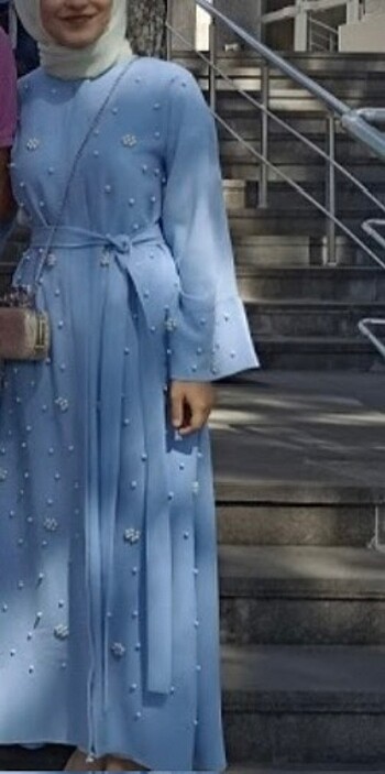 s Beden mavi Renk Abaya inci işlemeli
