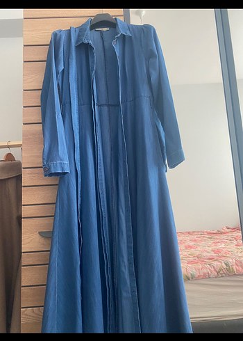 Uzun Kollu Mavi Denim Uzun Elbise