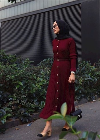 Bordo Ahel tasarım Uzun Triko Elbise