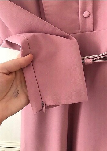 Düğmeli Pembe Uzun Kadın Elbise - Görsel 3