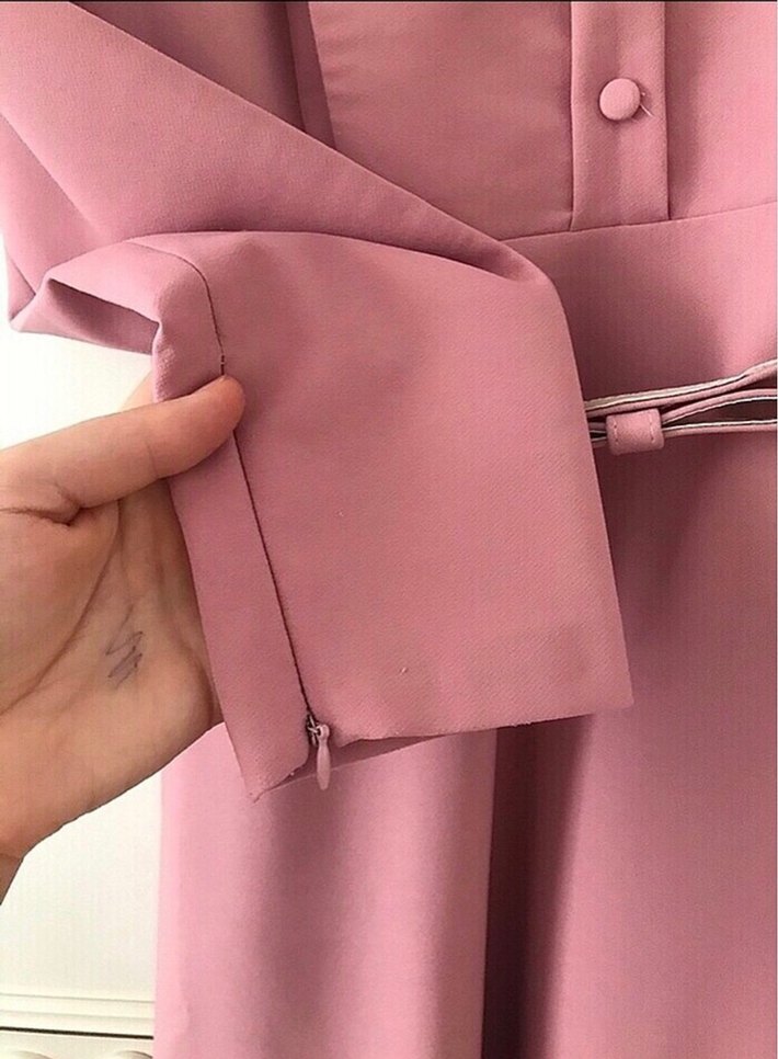 Düğmeli Pembe Uzun Kadın Elbise - Görsel 3