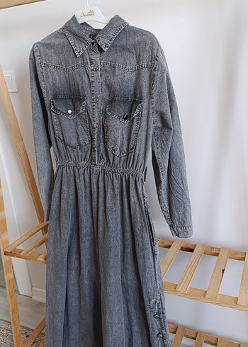 Diğer Düğmeli Gri Uzun Denim Elbise