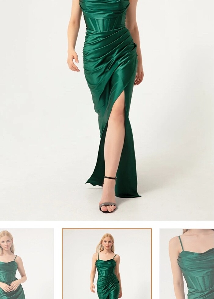 LAFABA ZÜMRÜT YEŞİLİ UZUN SATEN ABİYE ELBİSE - Görsel 3