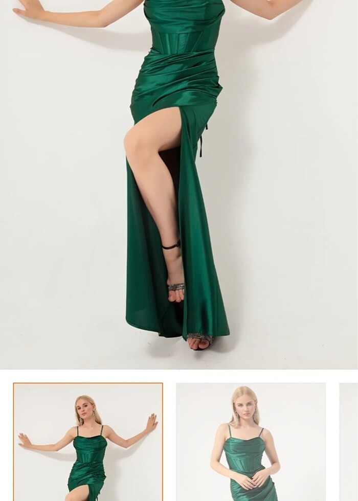 LAFABA ZÜMRÜT YEŞİLİ UZUN SATEN ABİYE ELBİSE - Görsel 4