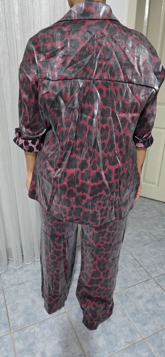 Siyah-Gri Uzun Bağlama Desenli Kadın Pijama Takımı - Görsel 4