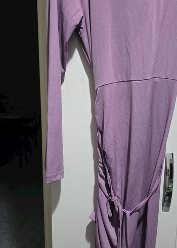 Mor V Yaka Midi Triko Elbise - Görsel 3