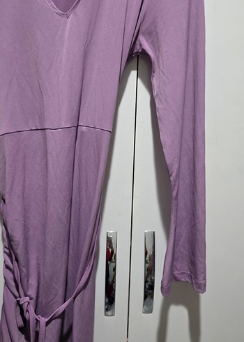 Mor V Yaka Midi Triko Elbise - Görsel 4