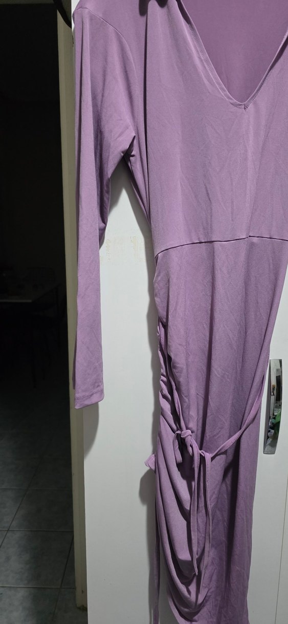 Mor V Yaka Midi Triko Elbise - Görsel 3