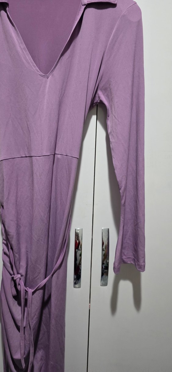 Mor V Yaka Midi Triko Elbise - Görsel 4