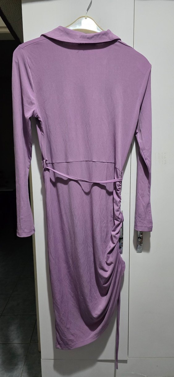 Mor V Yaka Midi Triko Elbise - Görsel 5