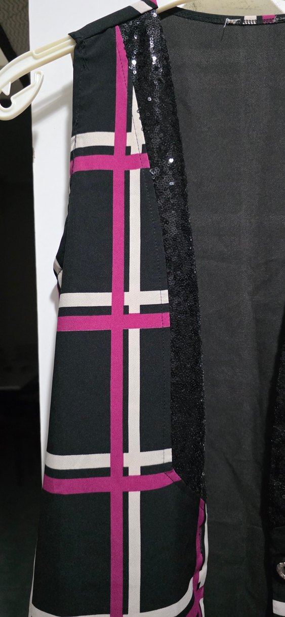 Düğmeli Pembe Kareli Uzun Kadın Yelek - Görsel 2