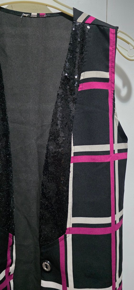 Düğmeli Pembe Kareli Uzun Kadın Yelek - Görsel 3