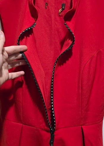 Kırmızı Fermuarlı V Yaka Midi Elbise - Görsel 5