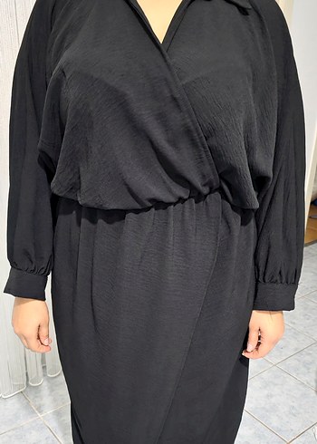 Siyah V Yakalı Uzun Salaş Elbise - Görsel 4