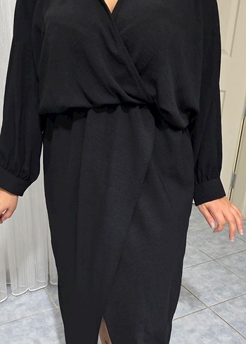 Siyah V Yakalı Uzun Salaş Elbise - Görsel 5