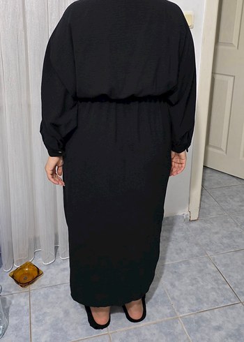 Siyah V Yakalı Uzun Salaş Elbise - Görsel 2