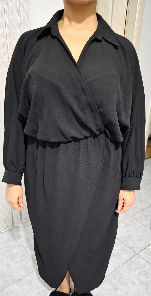 Siyah V Yakalı Uzun Salaş Elbise - Görsel 4