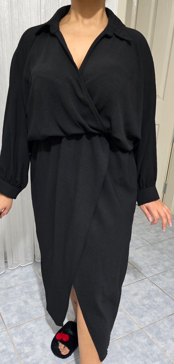 Siyah V Yakalı Uzun Salaş Elbise - Görsel 5