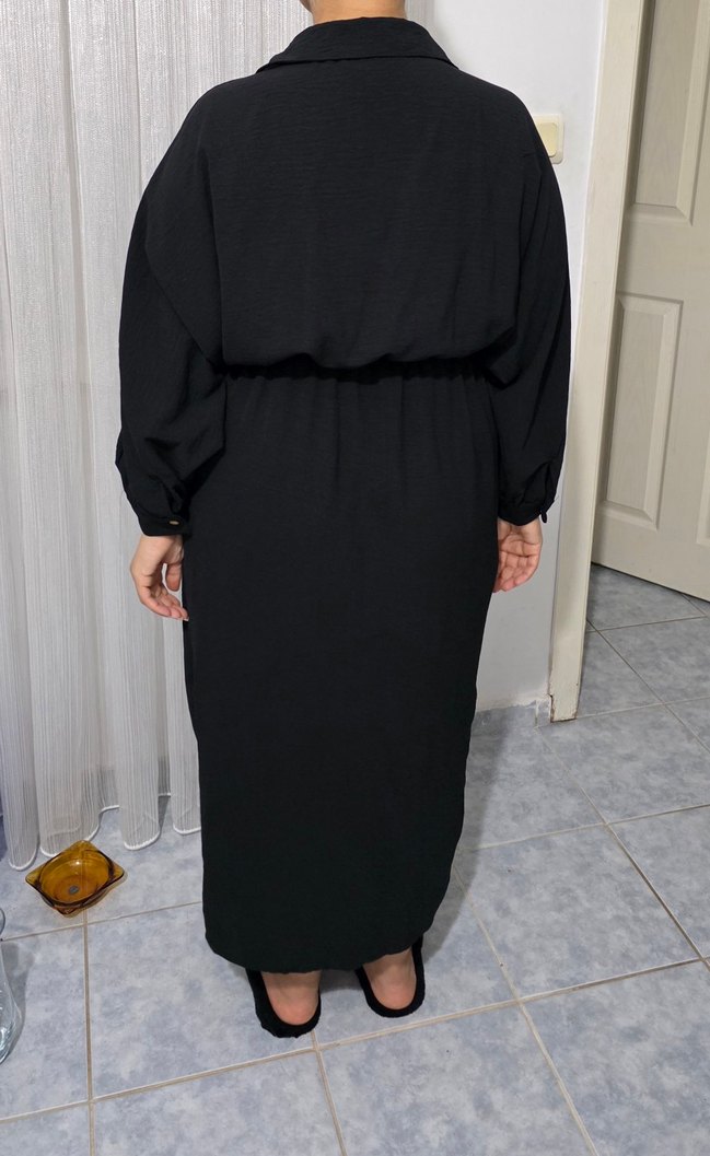 Siyah V Yakalı Uzun Salaş Elbise - Görsel 2