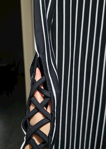 Çizgili, Uzun, Kayık Yaka Kadın Elbise - Görsel 2