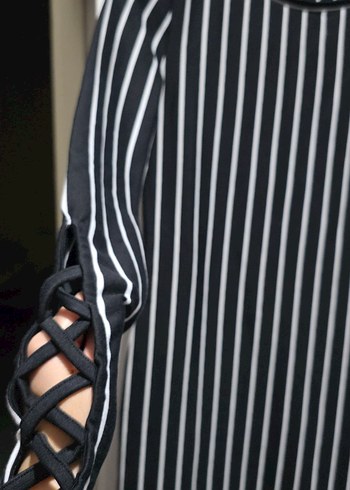 Çizgili, Uzun, Kayık Yaka Kadın Elbise - Görsel 3