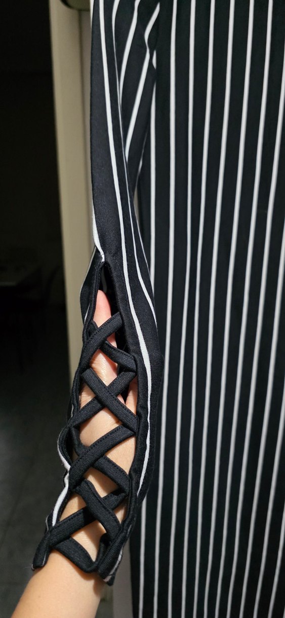 Çizgili, Uzun, Kayık Yaka Kadın Elbise - Görsel 2