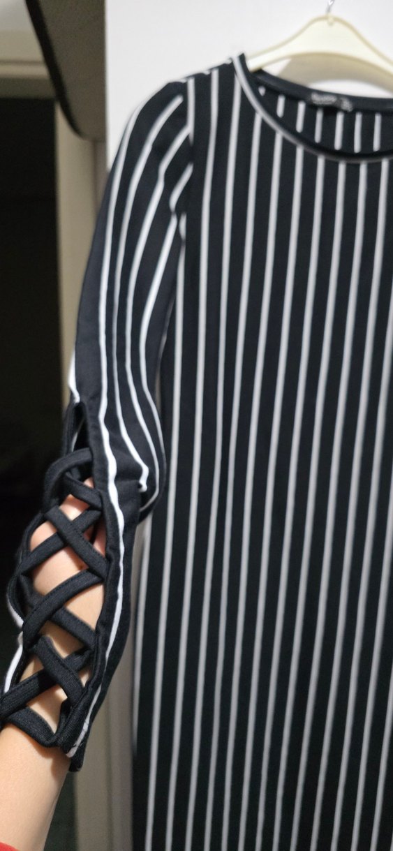 Çizgili, Uzun, Kayık Yaka Kadın Elbise - Görsel 3