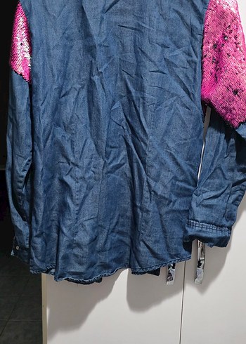 Pembe Payetli Kadın Denim Gömlek - Görsel 5