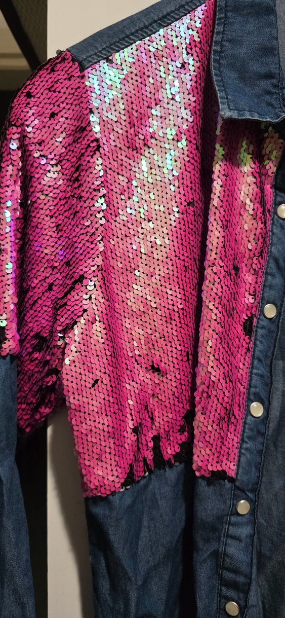 Pembe Payetli Kadın Denim Gömlek - Görsel 2