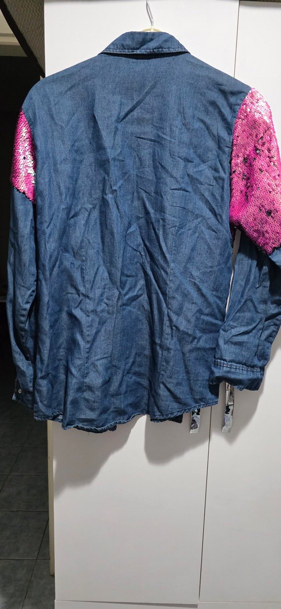 Pembe Payetli Kadın Denim Gömlek - Görsel 5