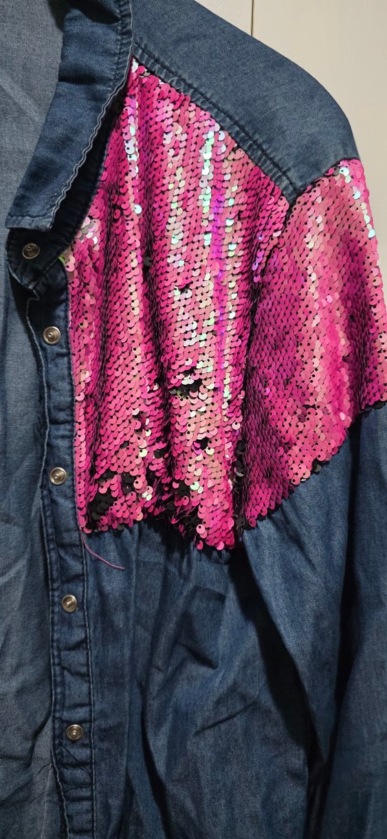 Pembe Payetli Kadın Denim Gömlek - Görsel 3