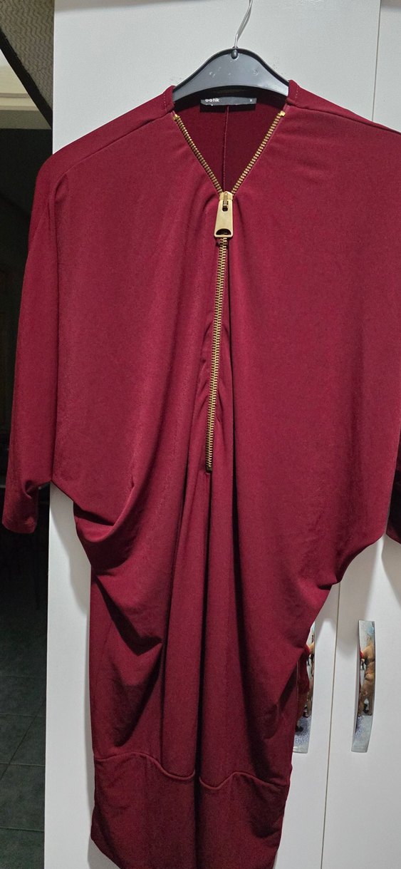 Bordo Kadın Uzun Kollu Salaş V Yaka Tunik - Görsel 3