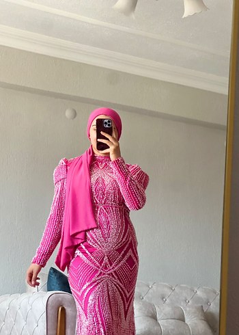 40 Beden pembe Renk Pembe Payetli Uzun Kollu Yüksek Yakalı Kadın Kına Elbisesi