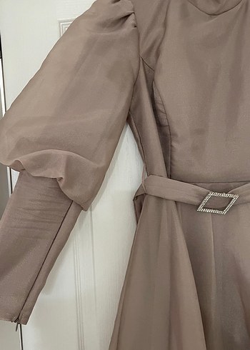 36 Beden camel Renk Bej Uzun Drapeli Vintage Elbise
