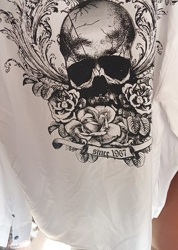 Beyaz Kuru Kafa Desenli Uzun Kollu Erkek Gömlek - Görsel 3