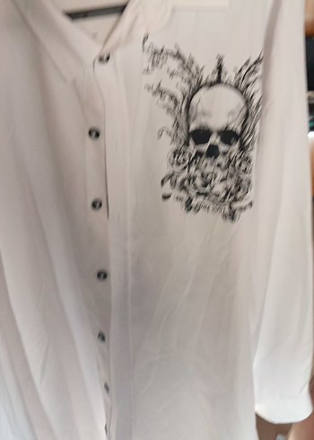 Beyaz Kuru Kafa Desenli Uzun Kollu Erkek Gömlek - Görsel 4